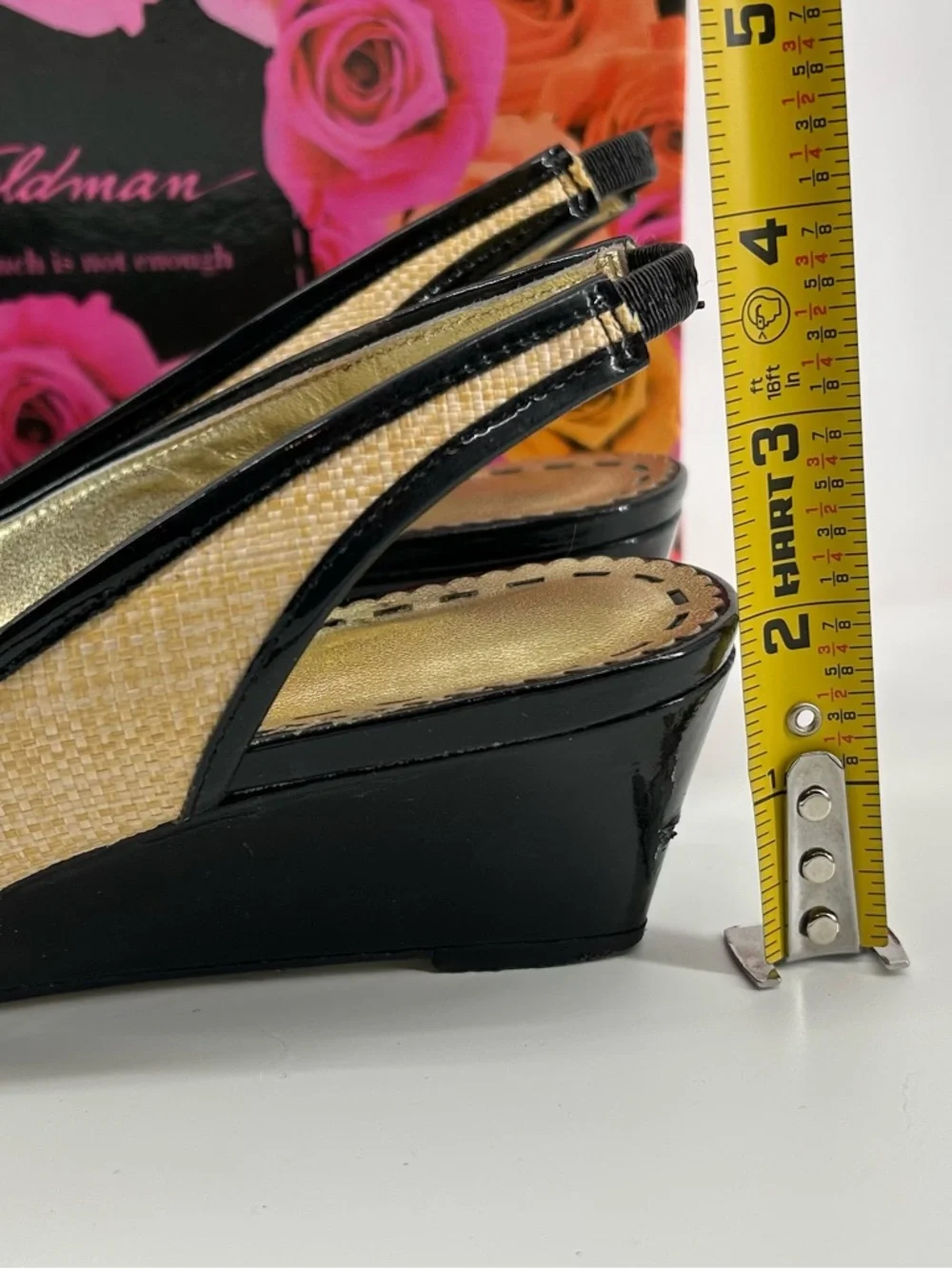 Beverly Feldman Black and Natural Slingback Peep-Toe Wedges with Bow